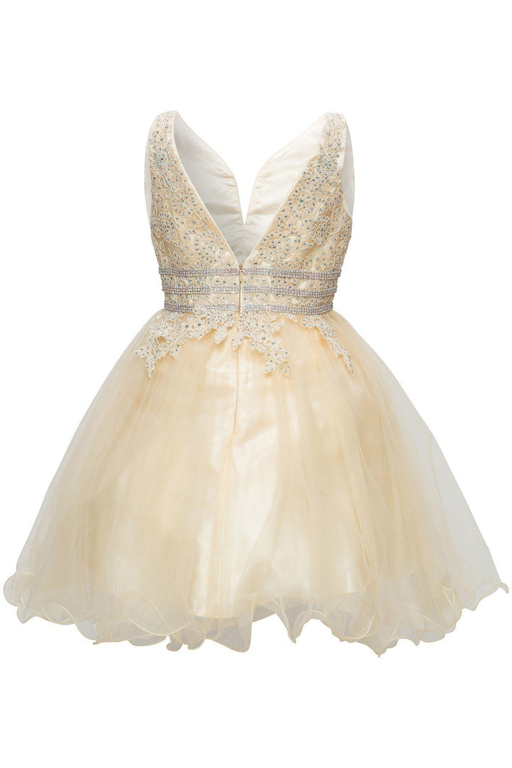 Girls Short Ruffled V-Neck Dress with Embellished Bodice-Girls Formal Dresses-ABC Fashion