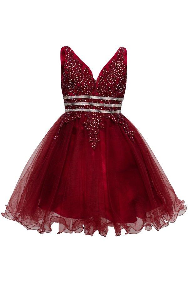 Girls Short Ruffled V-Neck Dress with Embellished Bodice-Girls Formal Dresses-ABC Fashion