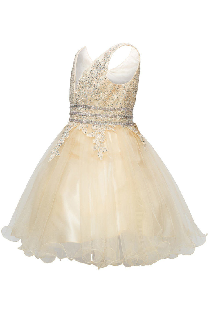 Girls Short Ruffled V-Neck Dress with Embellished Bodice-Girls Formal Dresses-ABC Fashion