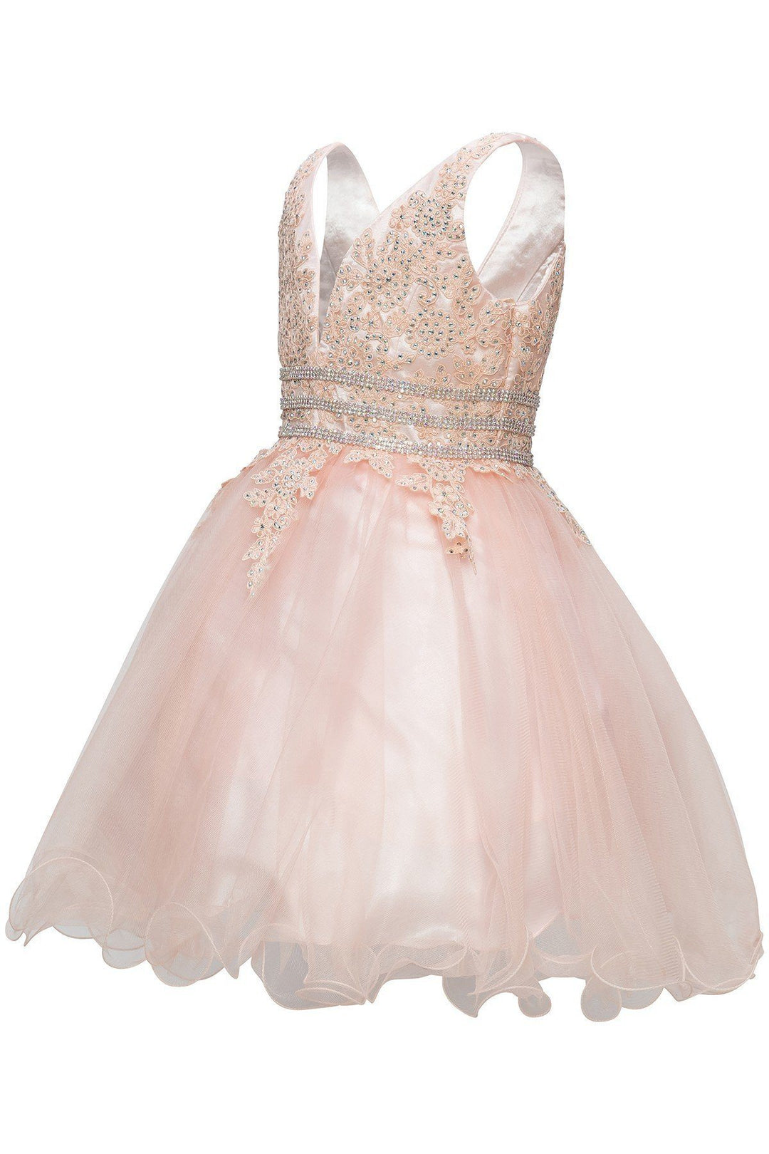 Girls Short Ruffled V-Neck Dress with Embellished Bodice-Girls Formal Dresses-ABC Fashion