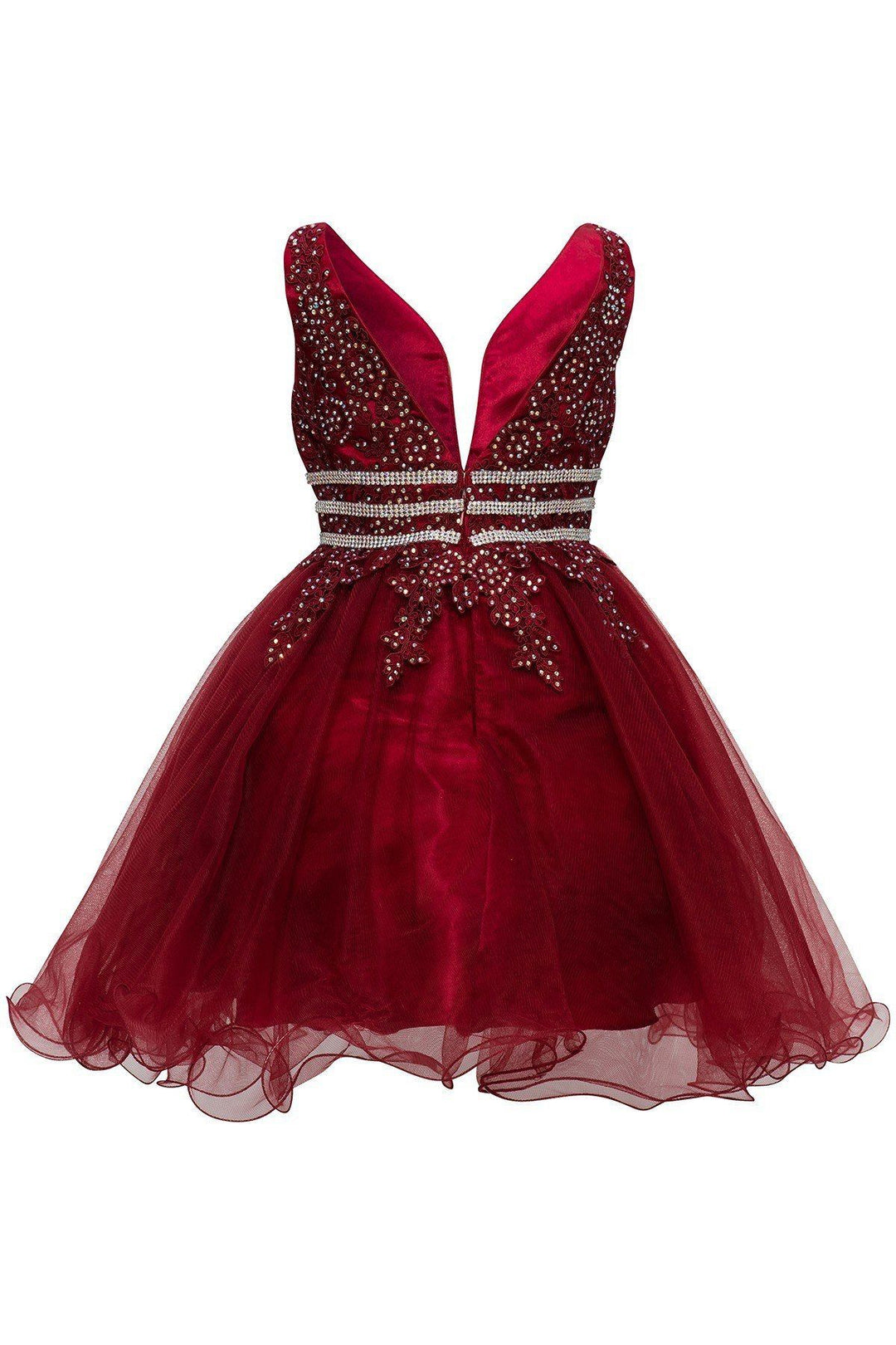 Girls Short Ruffled V-Neck Dress with Embellished Bodice-Girls Formal Dresses-ABC Fashion