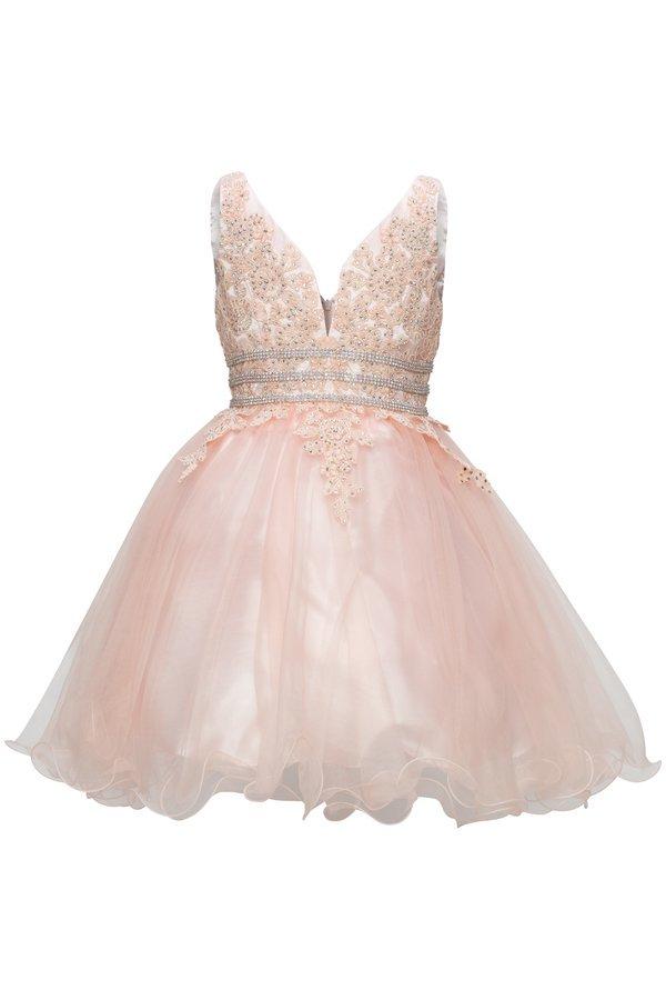 Girls Short Ruffled V-Neck Dress with Embellished Bodice-Girls Formal Dresses-ABC Fashion