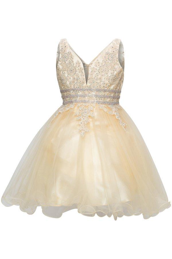 Girls Short Ruffled V-Neck Dress with Embellished Bodice-Girls Formal Dresses-ABC Fashion