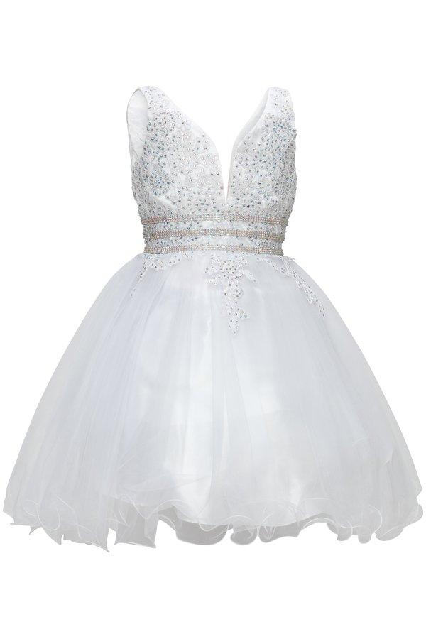 Girls Short Ruffled V-Neck Dress with Embellished Bodice-Girls Formal Dresses-ABC Fashion