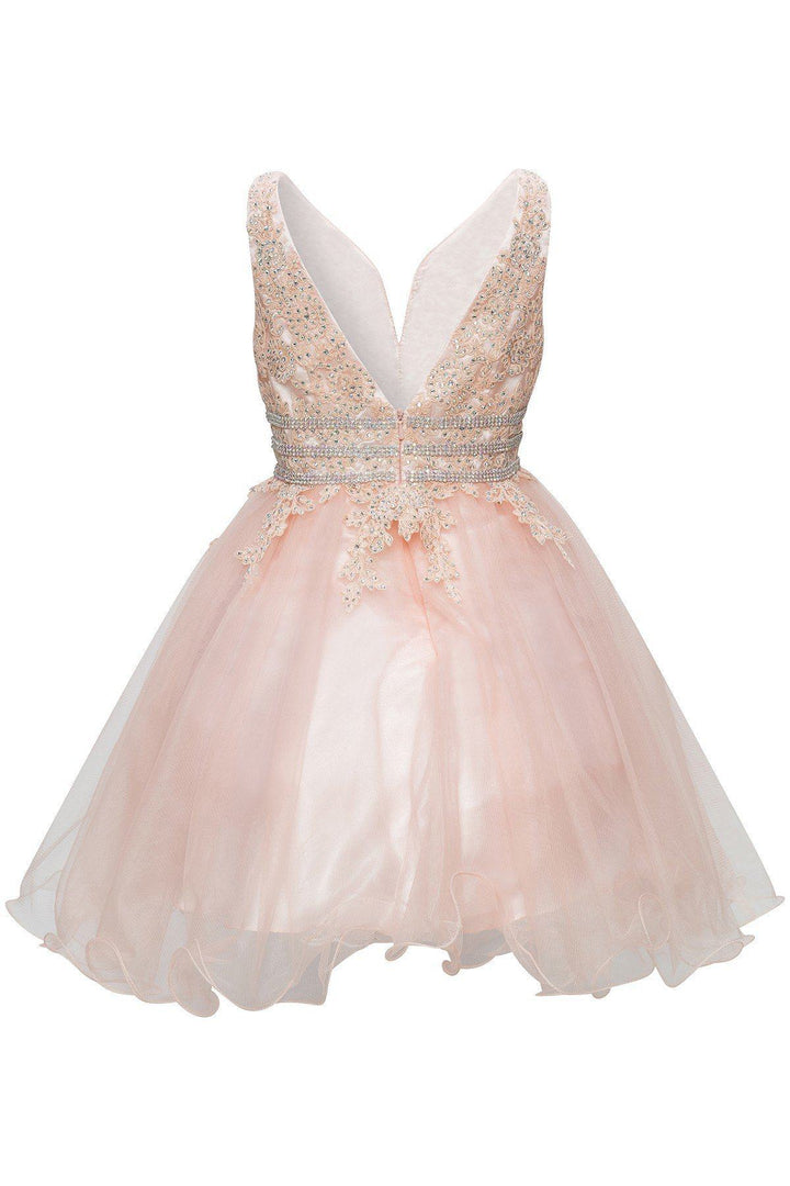 Girls Short Ruffled V-Neck Dress with Embellished Bodice-Girls Formal Dresses-ABC Fashion