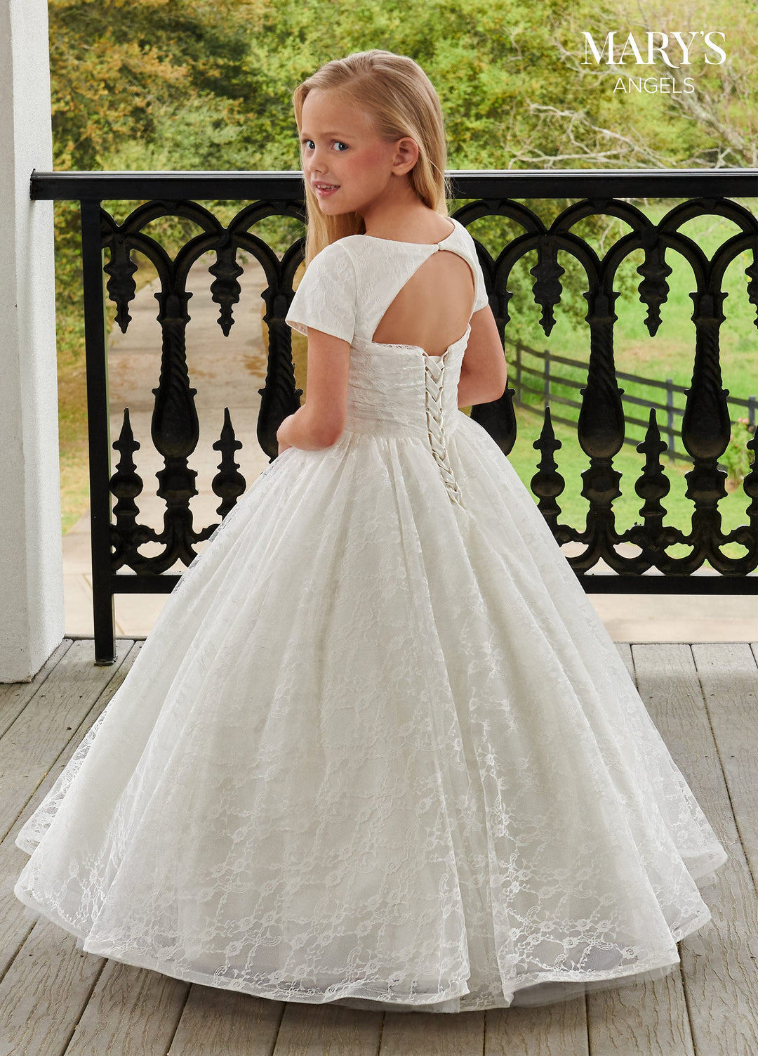 Girls Short Sleeve Lace Gown by Mary's Bridal MB9102