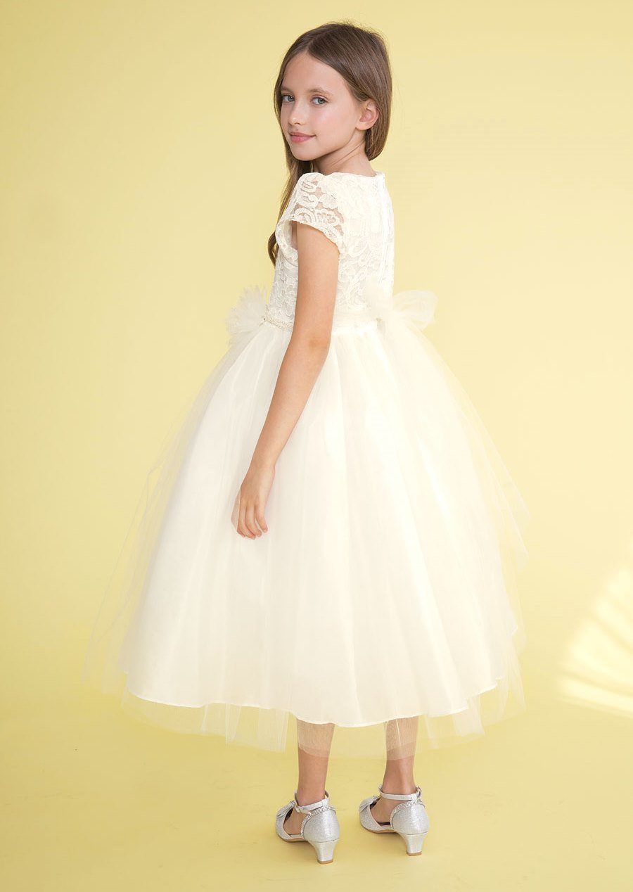 Girls Short-Sleeved Tulle Dress with Lace Bodice-Girls Formal Dresses-ABC Fashion