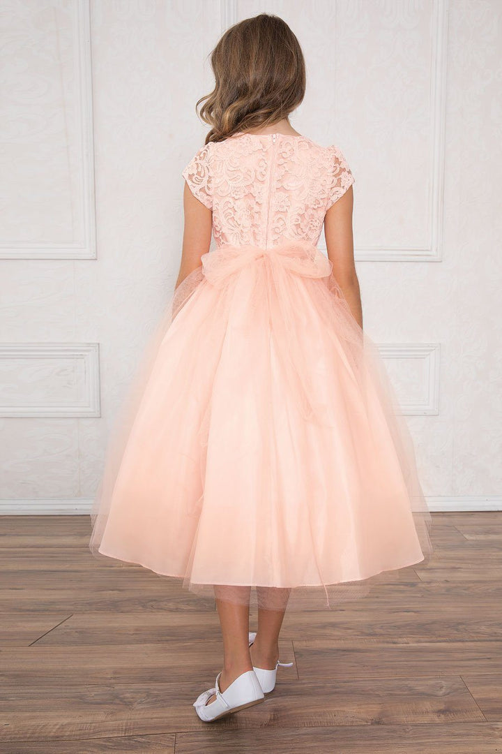 Girls Short-Sleeved Tulle Dress with Lace Bodice-Girls Formal Dresses-ABC Fashion