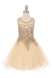 Girls Short Tulle Dress with Gold Applique Top by Cinderella Couture 5017-Girls Formal Dresses-ABC Fashion