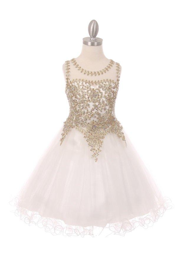 Girls Short Tulle Dress with Gold Applique Top by Cinderella Couture 5017-Girls Formal Dresses-ABC Fashion