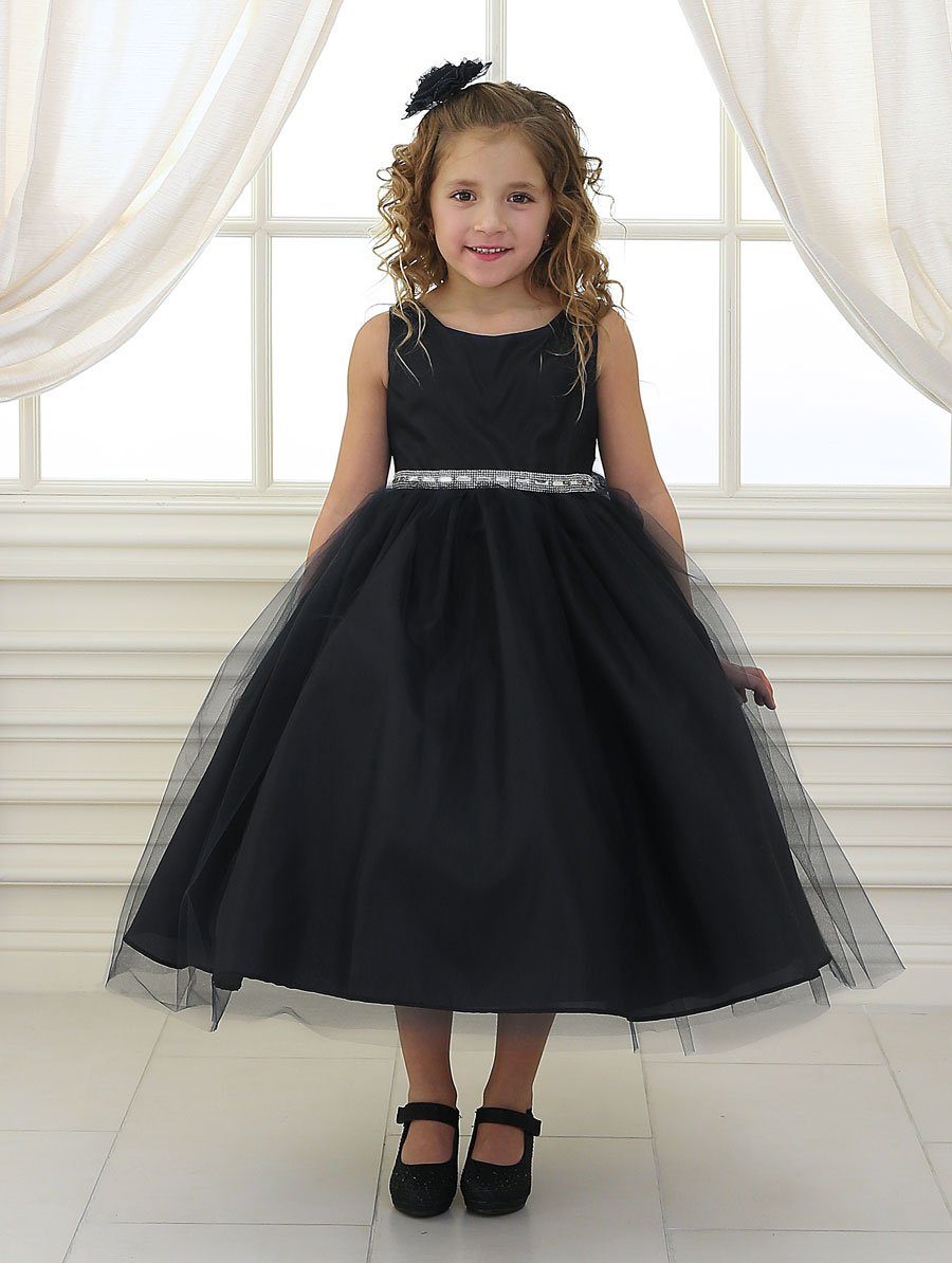 Girls Tea Length Tulle Dress with Beaded Waistline-Girls Formal Dresses-ABC Fashion