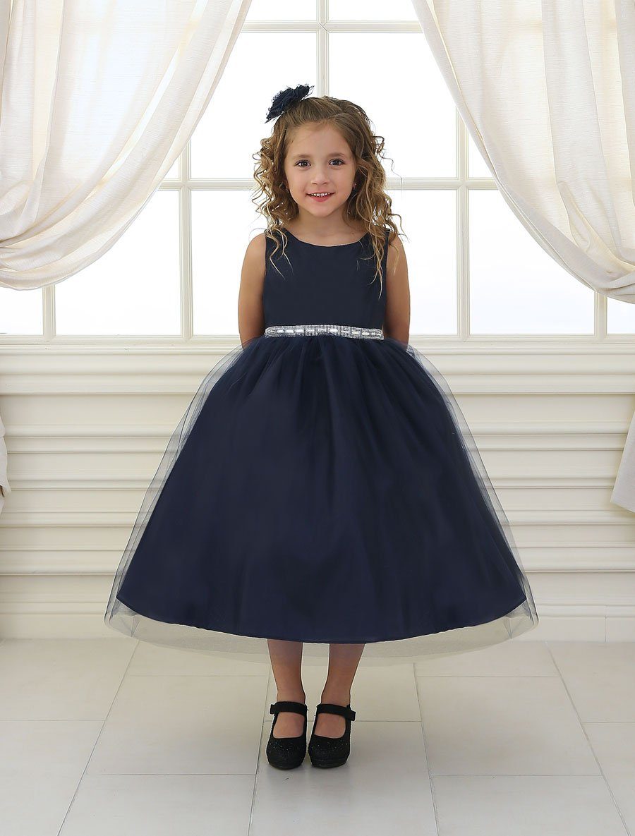 Girls Tea Length Tulle Dress with Beaded Waistline-Girls Formal Dresses-ABC Fashion