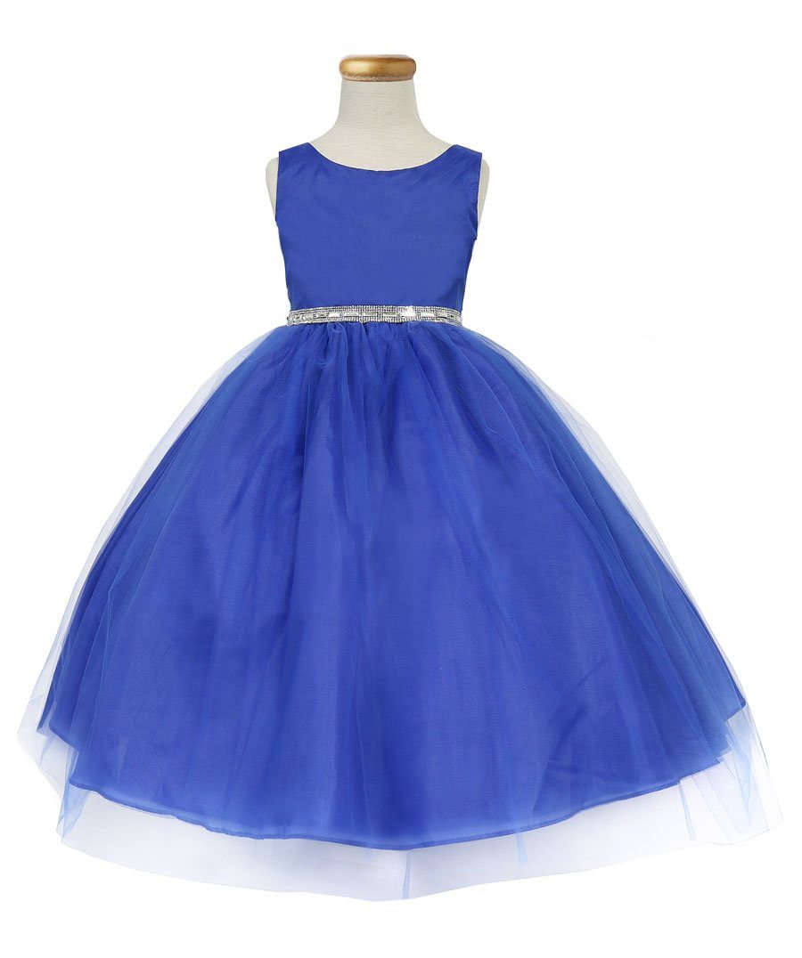 Girls Tea Length Tulle Dress with Beaded Waistline-Girls Formal Dresses-ABC Fashion