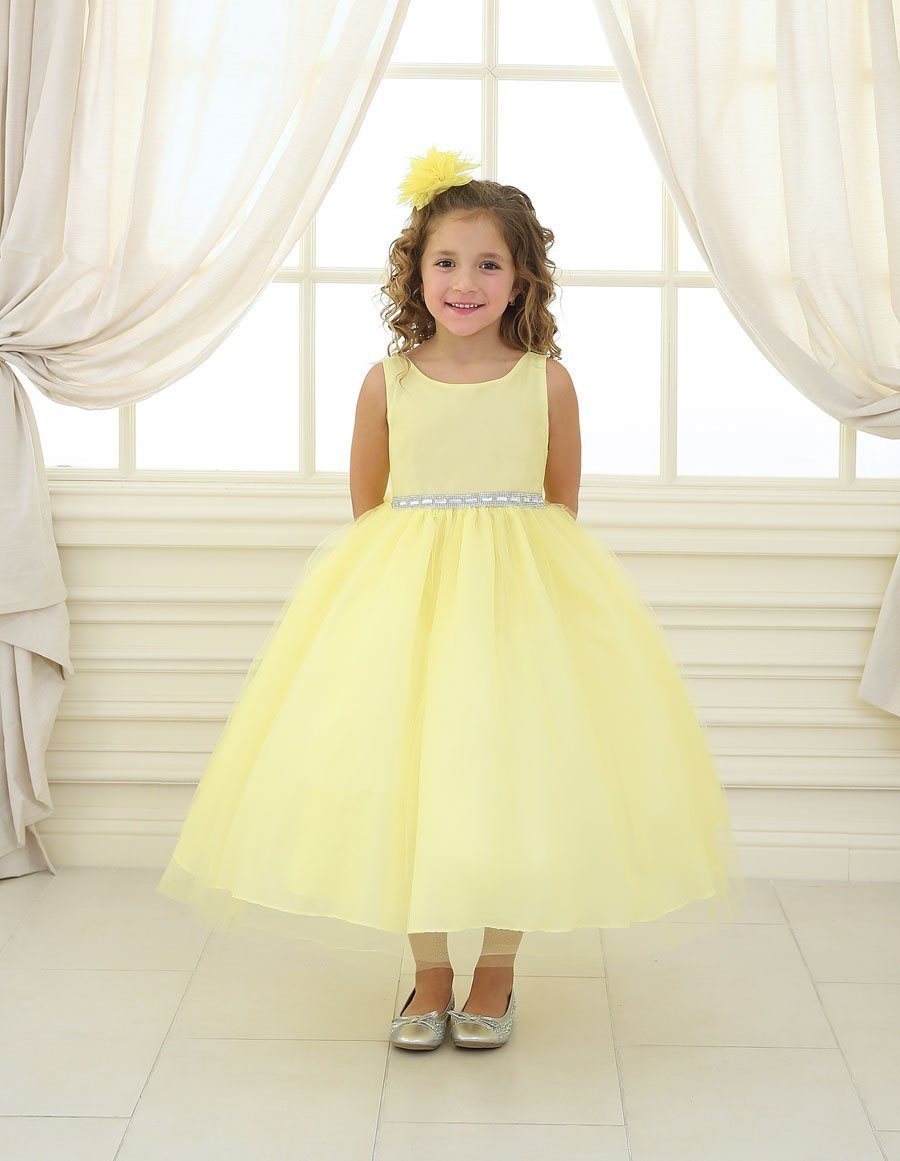 Girls Tea Length Tulle Dress with Beaded Waistline-Girls Formal Dresses-ABC Fashion