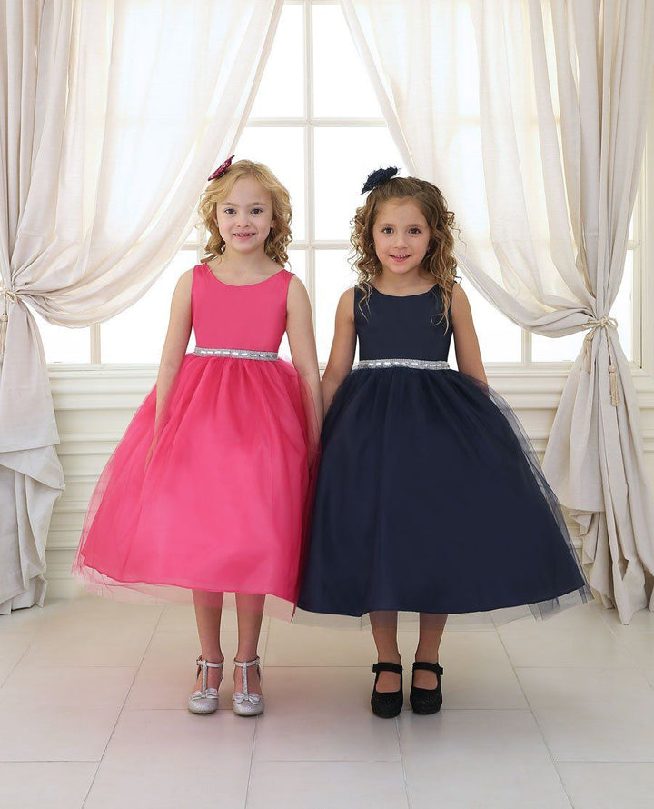 Girls Tea Length Tulle Dress with Beaded Waistline-Girls Formal Dresses-ABC Fashion