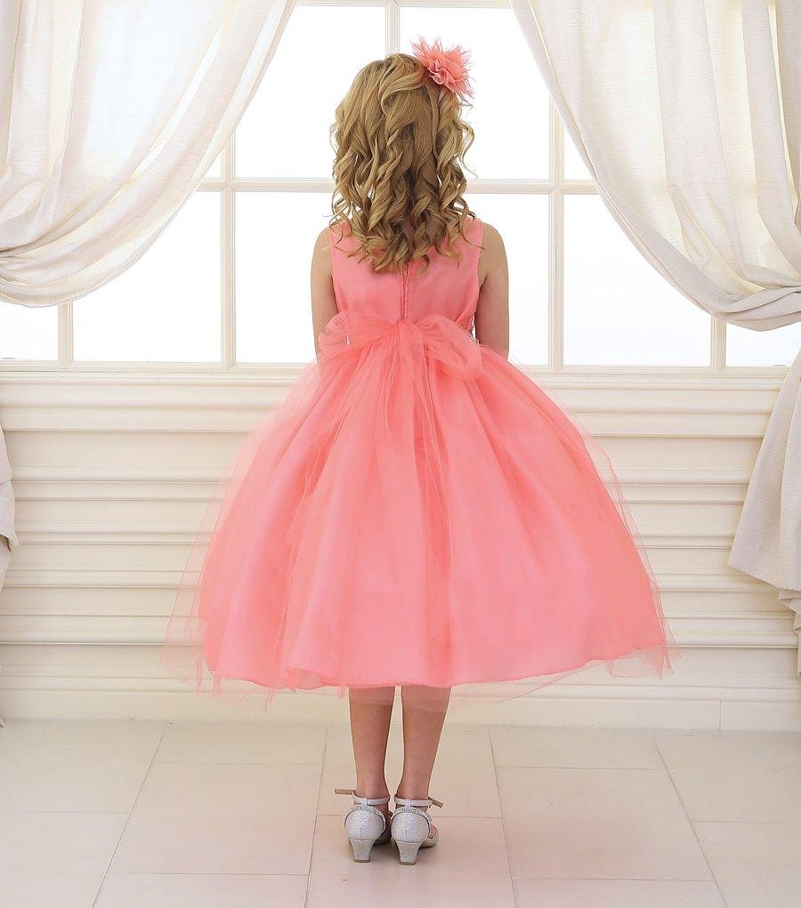 Girls Tea Length Tulle Dress with Beaded Waistline-Girls Formal Dresses-ABC Fashion