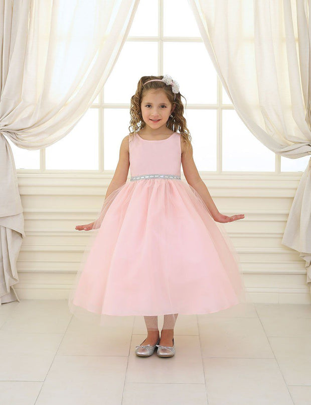 Girls Tea Length Tulle Dress with Beaded Waistline-Girls Formal Dresses-ABC Fashion
