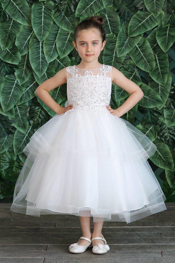 Girls Tea Length Tulle Dress with Embroidered Bodice by Calla D792-Girls Formal Dresses-ABC Fashion