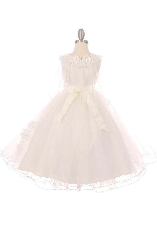 Girls White Cape Dress with 3D Appliques by Cinderella Couture 2906-Girls Formal Dresses-ABC Fashion