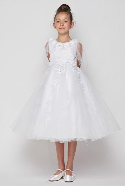 Girls White Cape Dress with 3D Appliques by Cinderella Couture 2906-Girls Formal Dresses-ABC Fashion