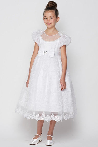 Girls White Lace Dress with Puff Sleeves by Cinderella Couture 2904-Girls Formal Dresses-ABC Fashion