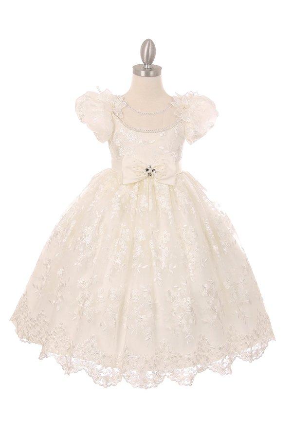 Girls White Lace Dress with Puff Sleeves by Cinderella Couture 2904-Girls Formal Dresses-ABC Fashion