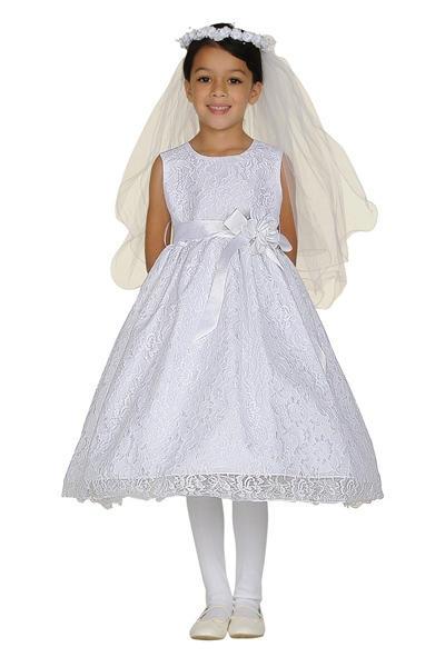 Girls White Raschel Lace Tea Length Dress with Sash-Girls Formal Dresses-ABC Fashion