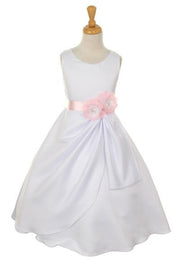 Girls White Tea Length Dress with Pink Floral Sash-Girls Formal Dresses-ABC Fashion