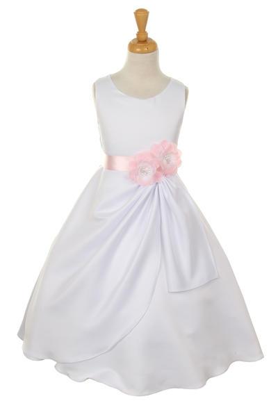 Girls White Tea Length Dress with Pink Floral Sash-Girls Formal Dresses-ABC Fashion