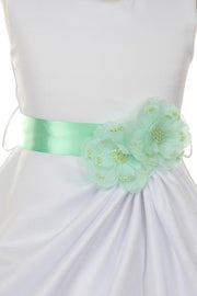 Girls White Tea Length Dress with Pink Floral Sash-Girls Formal Dresses-ABC Fashion