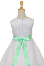 Girls White Tea Length Dress with Pink Floral Sash-Girls Formal Dresses-ABC Fashion