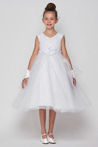 Girls White Tulle Dress with 3D Appliques by Cinderella Couture 2907-Girls Formal Dresses-ABC Fashion
