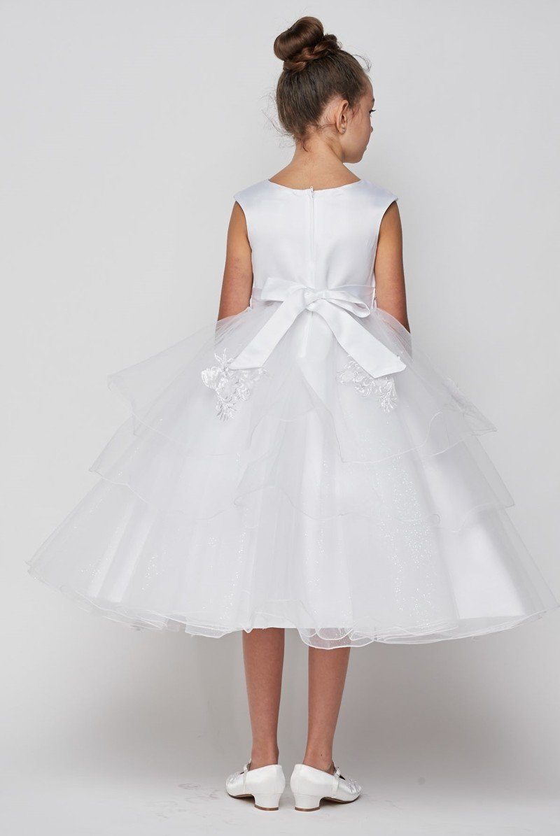 Girls White Tulle Dress with 3D Appliques by Cinderella Couture 2907-Girls Formal Dresses-ABC Fashion