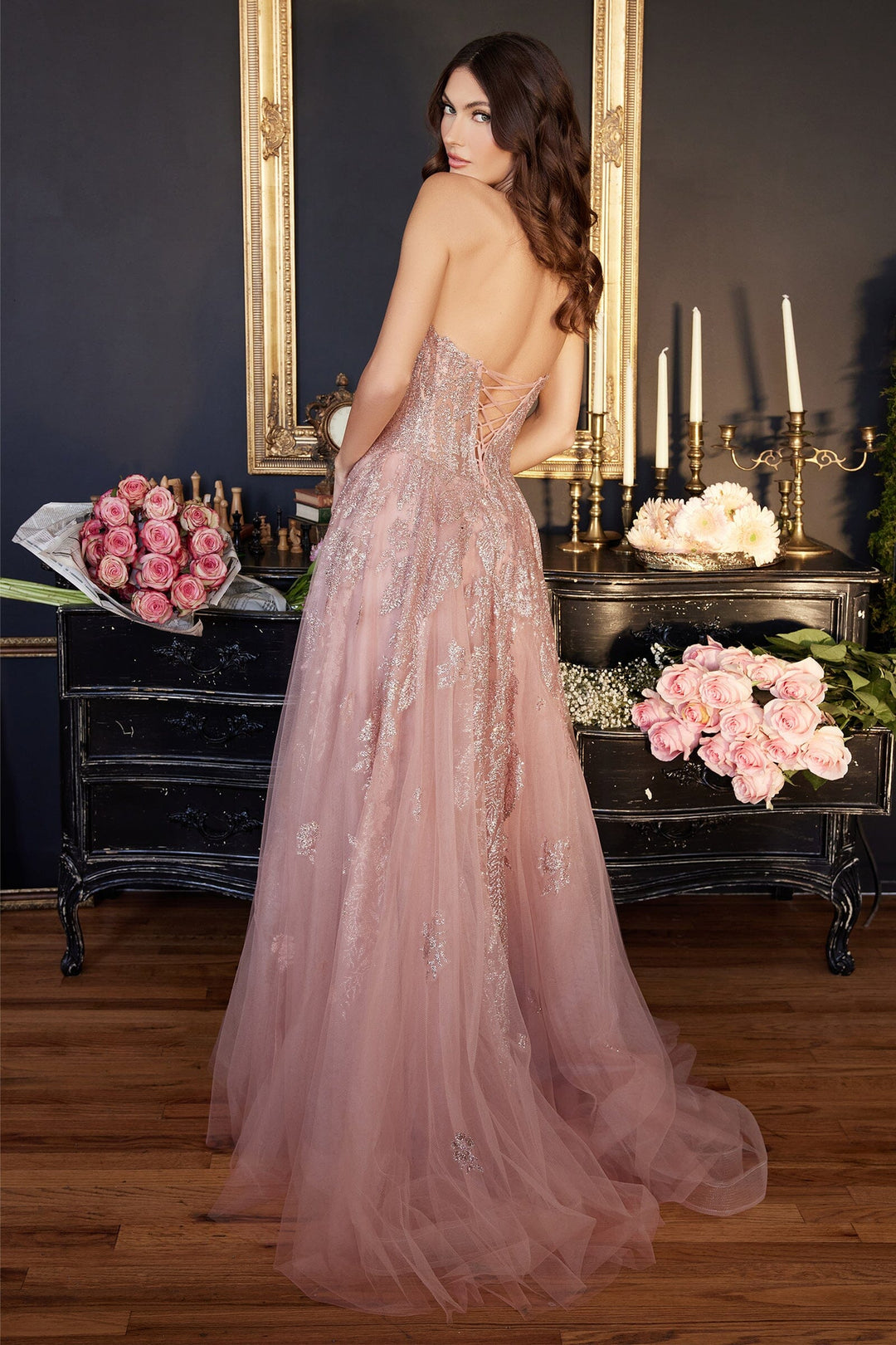 Glitter Applique Strapless Tulle Gown by Ladivine J852