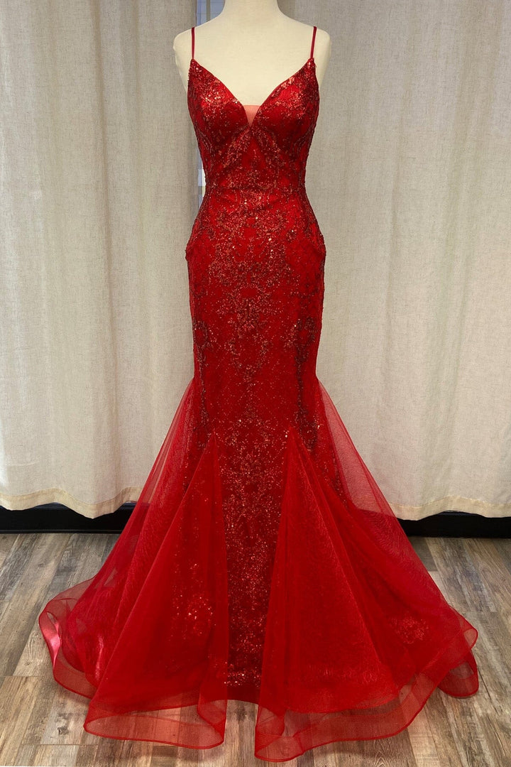 Glitter Applique Tulle Mermaid Gown by Nox Anabel C1108