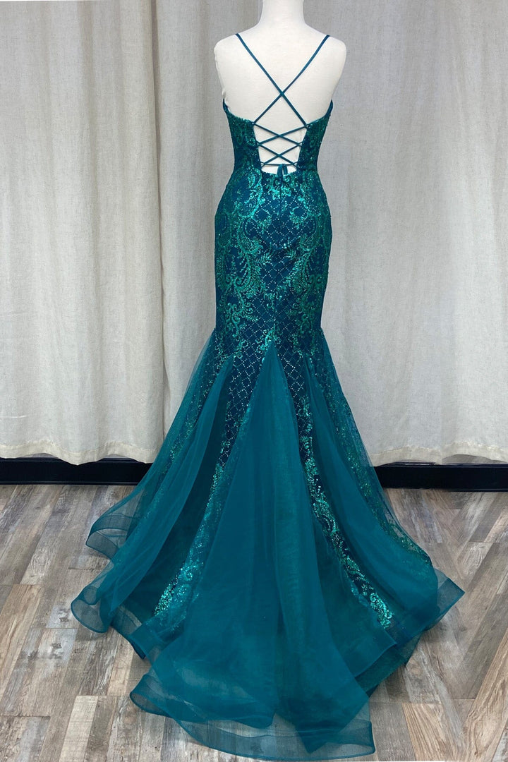 Glitter Applique Tulle Mermaid Gown by Nox Anabel C1108