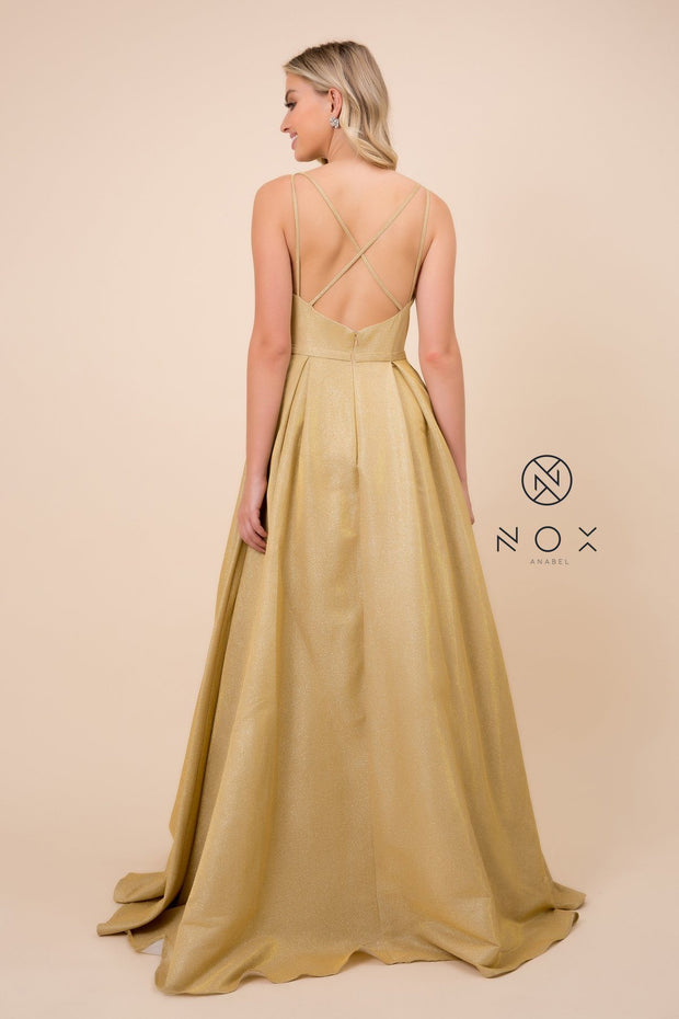 Glitter Ballgown with Crisscross Back by Nox Anabel E228