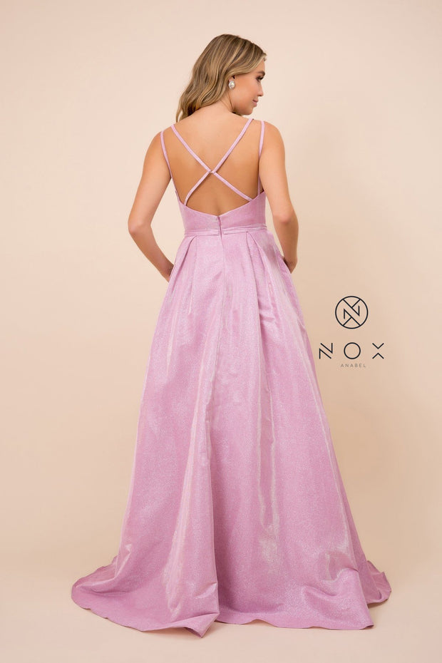 Glitter Ballgown with Crisscross Back by Nox Anabel E228