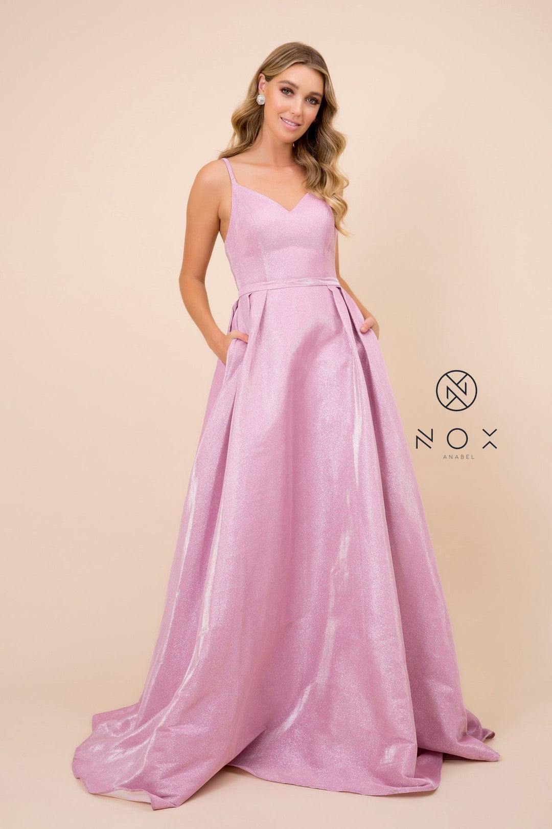 Glitter Ballgown with Crisscross Back by Nox Anabel E228