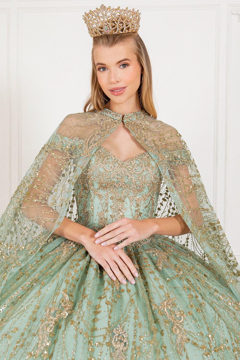 Glitter Cape Ball Gown by Cinderella Couture 4201 M / White