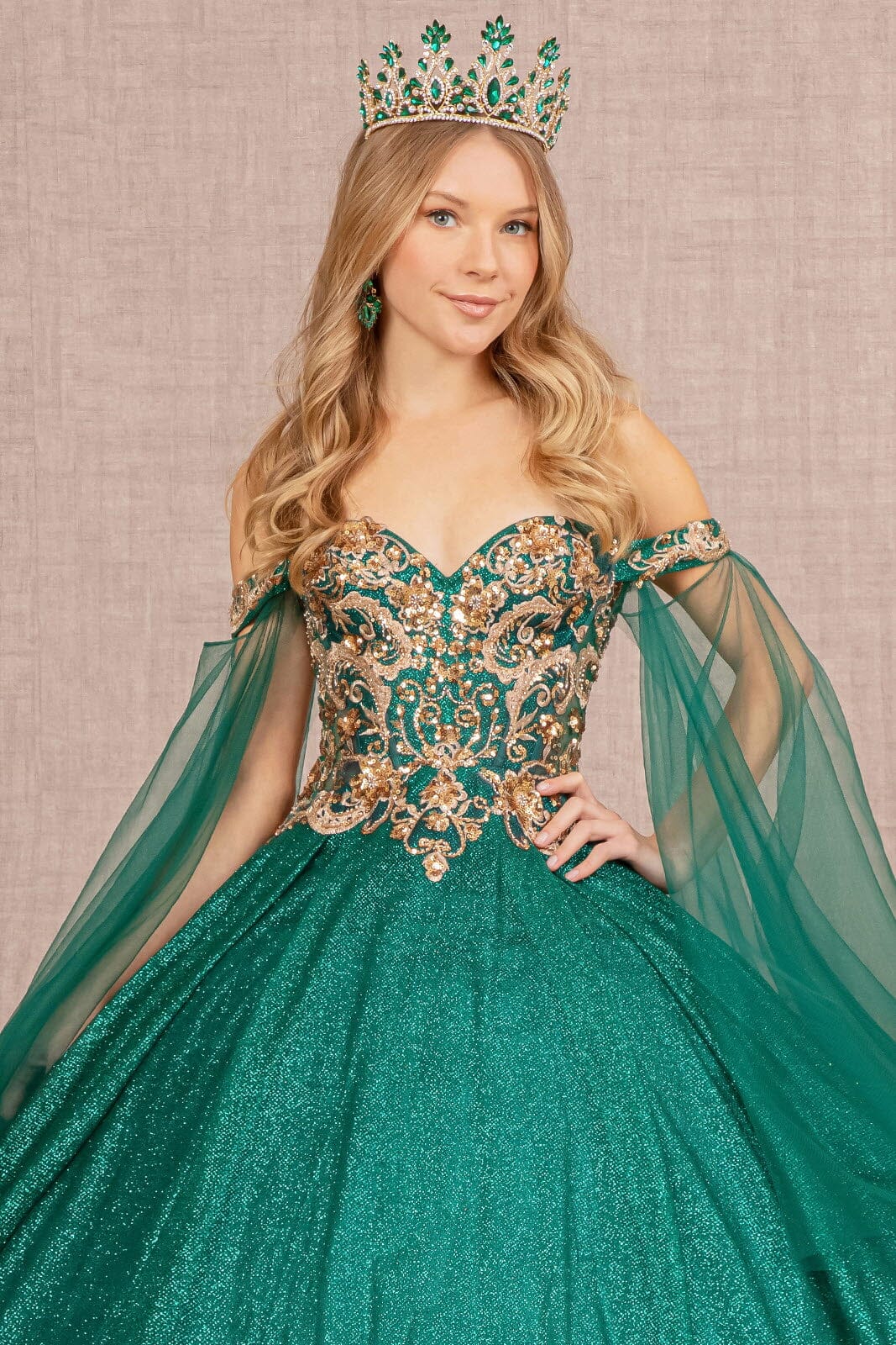 Glitter Cape Sleeve Ball Gown by Elizabeth K GL3139