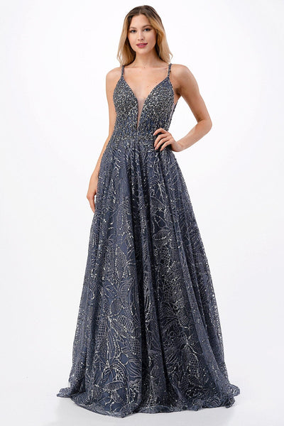 Glitter Embellished Deep V-Neck Gown by Coya L2672