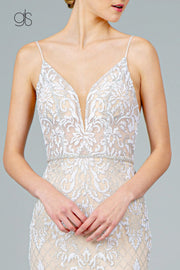 Glitter Embroidered Long Fitted V-Neck Dress by Elizabeth K GL2990
