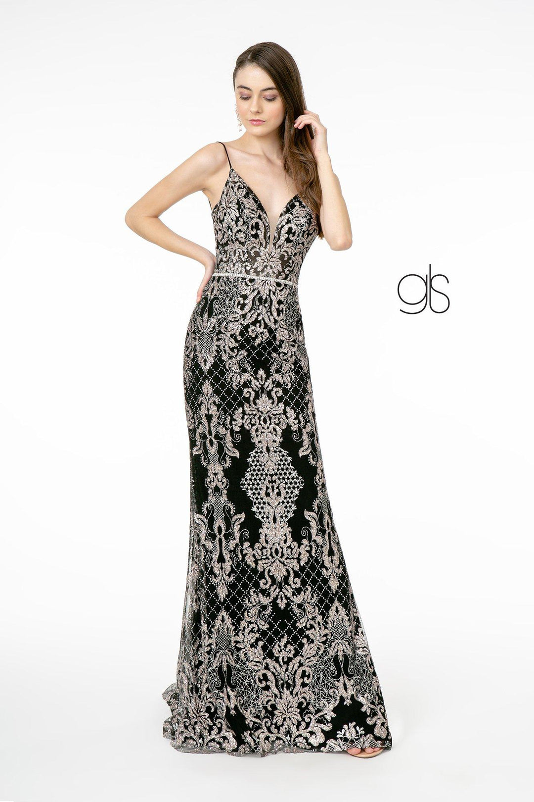 Glitter Embroidered Long Fitted V-Neck Dress by Elizabeth K GL2990