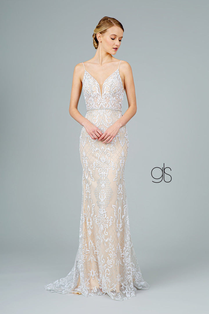 Glitter Embroidered Long Fitted V-Neck Dress by Elizabeth K GL2990