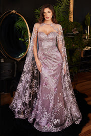 Glitter Fitted Strapless Cape Gown by Ladivine J834