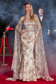 Glitter Fitted Strapless Cape Gown by Ladivine J834