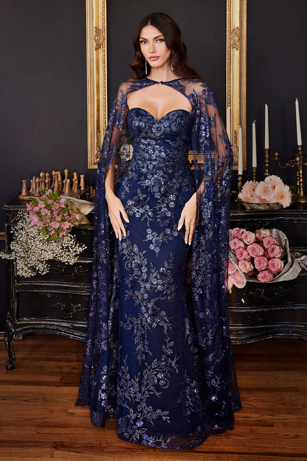 Glitter Fitted Strapless Cape Gown by Ladivine J834
