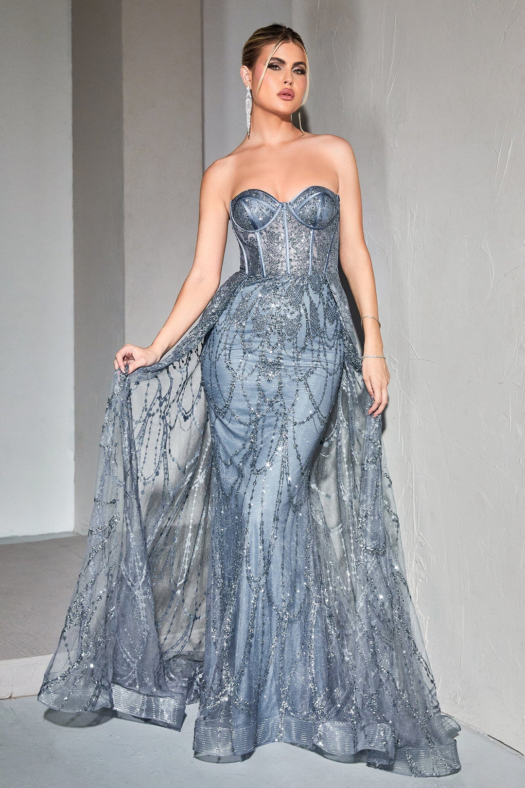 Glitter Fitted Strapless Overskirt Gown by Ladivine CB095