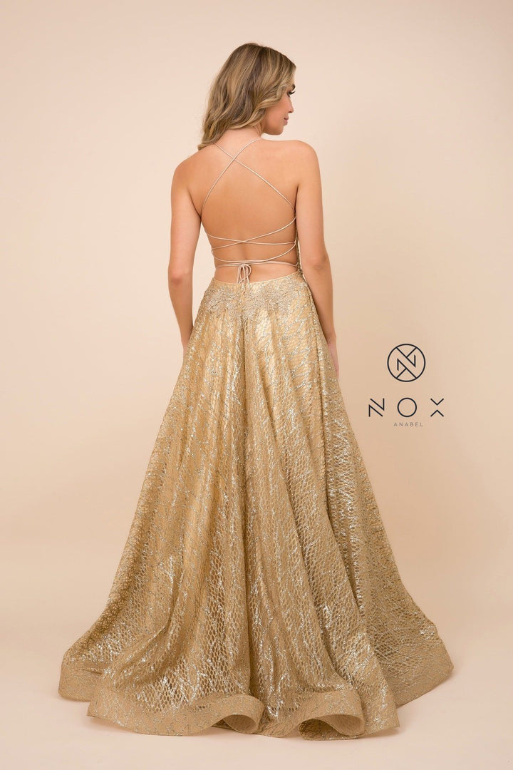Glitter Mesh V-Neck Gown with Corset Back by Nox Anabel R349